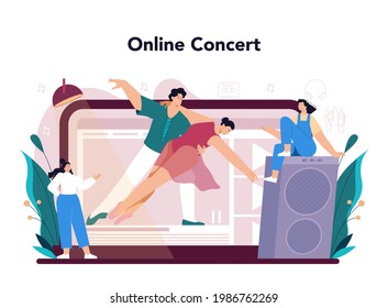 Choreographer online service or platform. Dance teacher in studio. Classical ballet or modern street dance. Online concert. Flat vector illustration