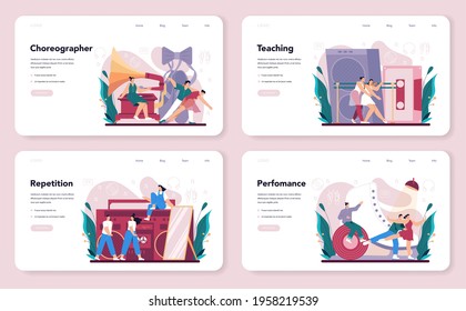 Choreographer web banner or landing page set. Dance teacher in studio