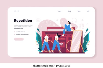 Choreographer web banner or landing page. Dance teacher in studio. Training courses for children and adults. Classical ballet or modern street dance. Vector Illustration