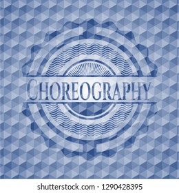 Choreography blue emblem or badge with abstract geometric pattern background.