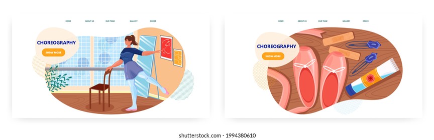 Choreography landing page design, website banner vector template. Ballet dancer practicing ballroom dancing. Dance class