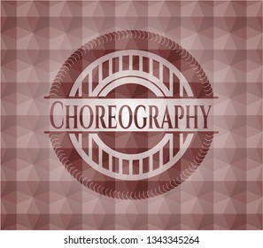 Choreography red seamless emblem with geometric pattern background.