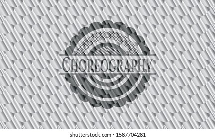 Choreography silver shiny badge. Scales pattern. Vector Illustration. Detailed.