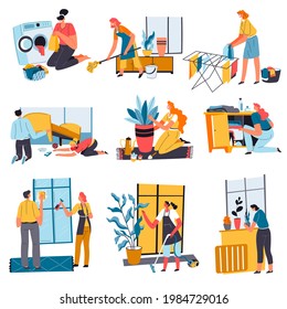Chores and household work at home done by man and woman. People cleaning apartment and washing clothes in machine, wiping windows and vacuuming floor surface, gardening. Vector in flat style