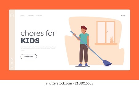 Chores for Kids Landing Page Template. Boy Sweeping Floor with Broom. Child Character Doing Domestic Work, Cleaning Floor, Baby Clean Carpet. Son Helper Home Routine. Cartoon Vector Illustration