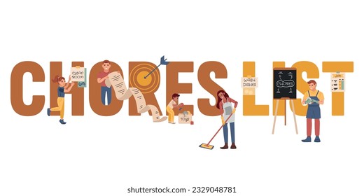Chores list flat text banner with people planning and doing housework vector illustration