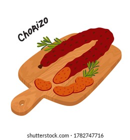 Chorizo Sausage. Meat Delicatessen On A Wooden Cutting Board. Slices Of Spanish Spicy Chorizo Sausage. Simple Flat Style Vector Illustration