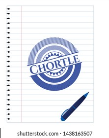 Chortle emblem drawn with pen. Blue ink. Vector Illustration. Detailed.