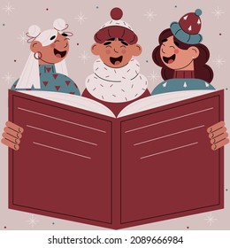 Chorus of cartoon vector characters singing a Christmas carol. Caroling man and women.Christmas songs in the evening.Festive flat vector illustration.