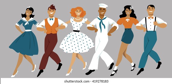 A chorus line of male and female performers dressed in vintage fashion dancing a routine in a classic musical theater, EPS 8 vector illustration