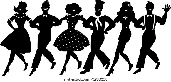 A chorus line of male and female performers dressed in vintage fashion dancing a routine in a classic musical theater, EPS 8 vector silhouette, no white objects