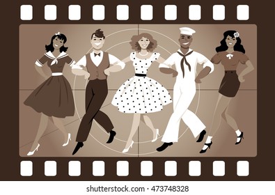 A chorus line of male and female performers dressed in vintage fashion dancing a routine in an old movie frame, EPS 8 vector illustration