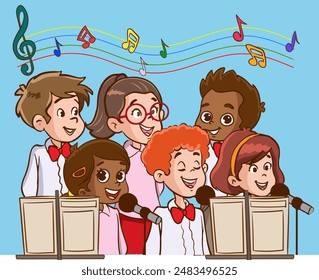 Chorus rehearsal isolated cartoon vector illustration. Music rehearsal, middle school choir performance, teach vocal technique, children singing on stage, orchestra class vector cartoon.