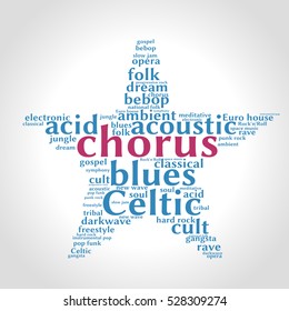 Chorus. Word cloud, five-pointed star, gradient grey background. Music concept.	