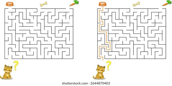 Escolheu o item certo e ajudar o gato a passar pelo labirinto para encontrar sua comida. Enigma para crianças e pais. Alimente o labirinto de gatinho faminto com solução isolada no fundo branco.