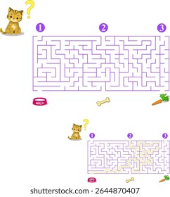 Escolheu o item certo e ajudar o gato a passar pelo labirinto para encontrar sua comida. Enigma para crianças e pais. Alimente o labirinto de gatinho faminto com solução isolada no fundo branco.
