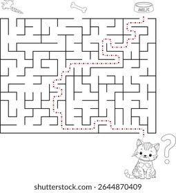 Escolheu o item certo e ajudar o gato a passar pelo labirinto para encontrar sua comida. Enigma para crianças e pais. Alimente o labirinto de gatinho faminto com solução isolada no fundo branco.