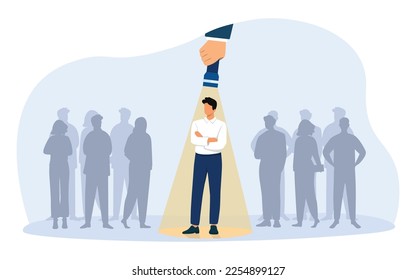 Chosen candidate standing under light of flashlight. Candidates concept.  Vector illustration.