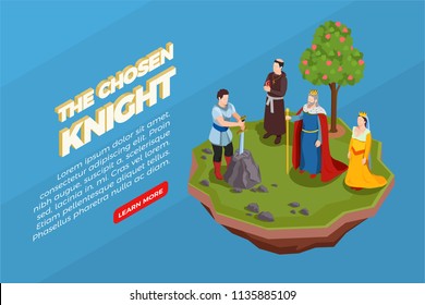 Chosen knight with sword in stone priest royal persons medieval isometric composition on blue background vector illustration