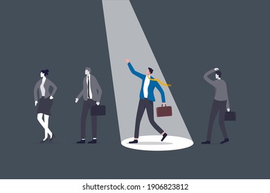 The chosen one, HR, human resources recruiter choosing best candidate or hiring manager choose winner talent concept, stand out confident businessman with spotlight with other fade out candidates.