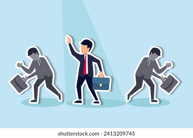 The chosen one, HR, human resources recruiter choosing best candidate or hiring manager choose winner talent concept, stand out confident businessman with spotlight with other fade out candidates.