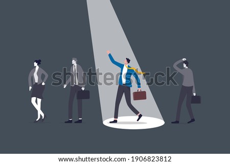 The chosen one, HR, human resources recruiter choosing best candidate or hiring manager choose winner talent concept, stand out confident businessman with spotlight with other fade out candidates.