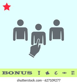 Chosen one icon flat. Grey pictogram on blue background. Vector illustration symbol and bonus buttons medal, cow, earth, eye, calculator