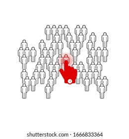 The chosen one. Stand out from crowd individual, hire human resources concept. Vector illustration. Hand cursor points to a person in a crowd.