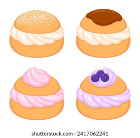 Choux pastry with whipped cream filling, sweet buns set. Cartoon vector clip art illustration.