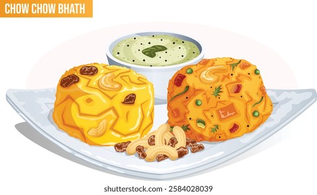 Chow Chow Bhath Karnataka Famous Breakfast Cuisine Combo. Upma or Khara Bath and Kesari Bath Served with Spicy Coconut Chutney, Cashews and Raisins. South Indian Sweet and Savoury Food Illustration 