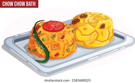 Chow Chow Bhath Popular Karnataka Breakfast. Khara Bath or Upma and Kesari Bath Served on Tray. Traditional South Indian Sweet and Savoury Cuisine Detailed Illustration 