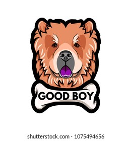 Chow Chow dog breed. Bone. Good boy inscription. Chow Chow portrait. Vector illustration