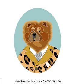 Chow perro de vaca en chaqueta de impresión leopardo divertido modelo de moda personaje de imagen vectorial