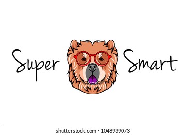 Chow chow dog geek. Dog in Smart glasses. Super smart inscription. Vector illustration.