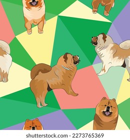 Chow Chow dog on a mosaic geometric background. Funky, colorful vibe, rainbow colors palette. Simple, clean, modern texture. Geometric, polygon style. Summer seamless pattern with dogs.Triangles.