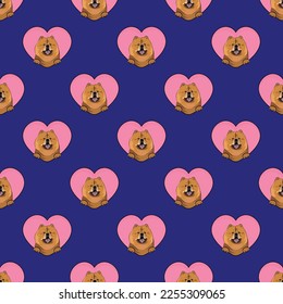 Chow Chow dog with paws pattern, Valentine's day heart wallpaper. Love heart with pet head holiday texture. Dog face Holding Heart Cartoon square background. St Valentine's day roamntic present paper.