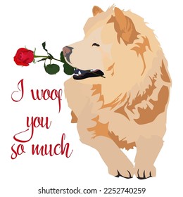 Chow chow dog with rose flower. Cute pet dog for Valentines Day greeting card, vector illustration.