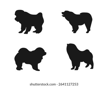 Chow Chow Dog silhouette, dog breeds log, a dog monogram logo—chow-chow silhouette in black. Simple Silhouettes of Different Dog and Monkey Breeds.