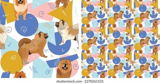 Chow Chow dog summer pastel wallpaper. Holiday abstract circles, squares, spirals, confetti. seamless background, repeatable pattern. Birthday wallpaper, Christmas present, print tiles. Geometric.