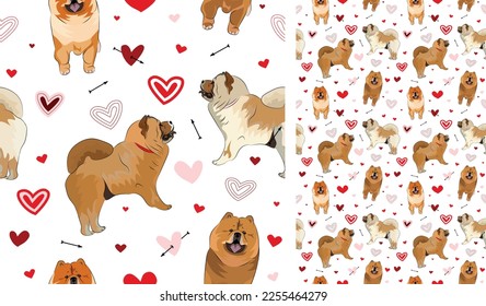 Chow Chow dog Valentine's day heart wallpaper. Love doodles hearts with pets holiday texture. square background, repeatable pattern. St Valentine's day wallpaper, valentine present, print tiles.