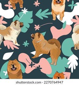 Chow Chow dog wallpaper with leaves, palms, flowers, plants. Pastel green, pink, navy. Holiday abstract natural shapes. Seamless floral background with dogs, repeatable pattern. Birthday wallpaper. 