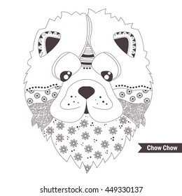 Chow chow dog. Zentangle style. Coloring book for adult, antistress coloring pages. Hand drawn vector isolated illustration on white background. Henna mehendi, tattoo sketch