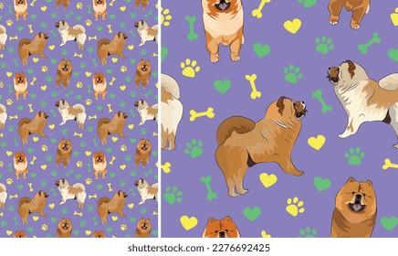 Chow Chow dogs on a playful violet background with bones, hearts, paws. Funky, colorful vibe, vibrant palette. Simple, clean, modern texture. Summer seamless pattern with dogs. Birthday present, card.
