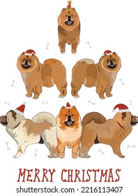 Chow Chow dogs wearing winter hats. Cute funny dogs. Character design. Abstract Christmas tree. Vector illustration. Merry Christmas greeting card with the cute funny dog holiday poster.