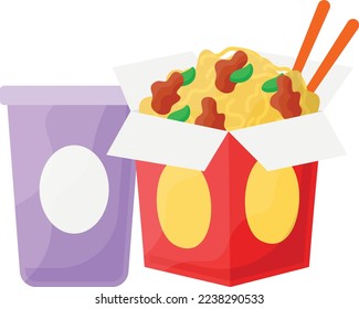 chow mein with can concept, guksu or myeon pocket with sticks vector icon design, Fast Food symbol, Junk food sign, popular inexpensive good taste snacks stock illustration 