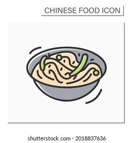 Chow mein color icon. Chinese egg noodles bowl with vegetables or meat. Concept of tasty and easy wok or pan fried Asian food recipe for family dinner.Isolated vector illustration