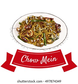 Chow mein colorful illustration. Vector illustration of Chinese cuisine.