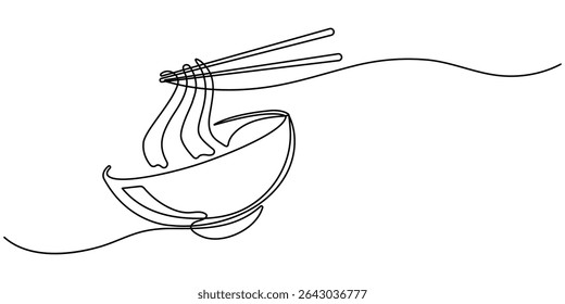 chow mein Desenho contínuo de uma linha, Ilustração de uma linha de ramen bowl,
Ilustração vetorial de espaguete isolado no fundo branco para crianças colorir atividade planilha pasta de trabalho.