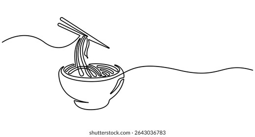 chow mein Desenho contínuo de uma linha, Ilustração de uma linha de ramen bowl,
Ilustração vetorial de espaguete isolado no fundo branco para crianças colorir atividade planilha pasta de trabalho.