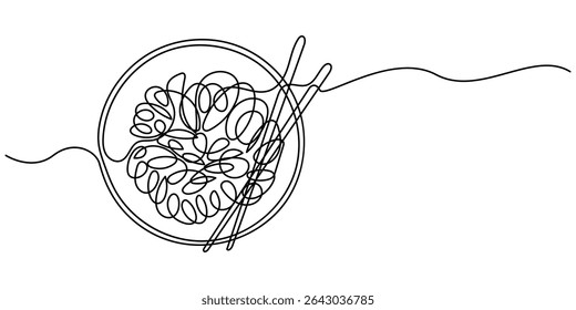 chow mein Desenho contínuo de uma linha, Ilustração de uma linha de ramen bowl,
Ilustração vetorial de espaguete isolado no fundo branco para crianças colorir atividade planilha pasta de trabalho.